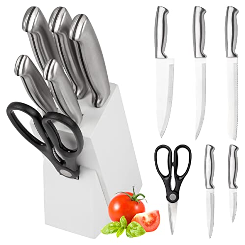 Classbach Bloco de facas de 7 peças | incl. Tesoura de cozinha, conjunto de facas de cozinha com lâminas de aço inoxidável, 5 x facas afiadas tesoura | C-MBS 4018 branco