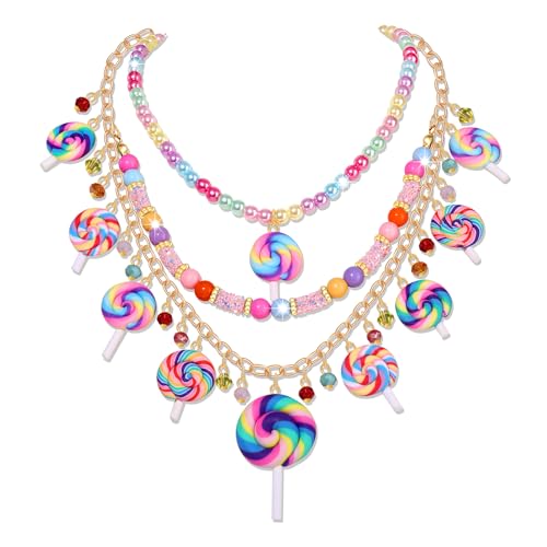 Lollipop Candy Layered Necklaces for Women Novelty Colorful Crystal Beads Sweet Candy Lollipop Cake Pendant Choker Necklace Cute Funny Birthday Halloween Holiday Party Jewelry Gift
