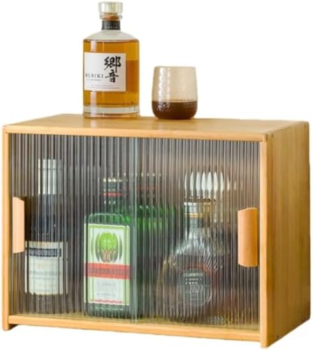 Barino ウォーターカップ収納ボックス ミニ卓上収納食器棚 竹製 キッチンカウンター カップボード 防塵 引き戸 防湿 防虫 大容量 キッチンキャビネット 調味料 お茶碗 小物入れ収納 ひとり暮らし用 簡単組立省スペース (45x28x34cm,木の色