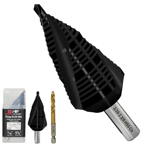 Image of S&F STEAD & FAST Cobalt Step Drill Bit for Metal, Three Spiral Flute, 3/16"-1-3/8", 1 pc, Heavy Duty Unibit, 3/8" 3-Flat Shank, HSS M35 Steel Step Bit for Sheet Metal, Stainless Steel, Aluminum