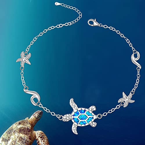 Image of Sea Turtle Ankle Bracelets for Women Blue Opal Sterling Silver Beach Starfish Octopus Conch Ocean Anklets Jewelry Gifts