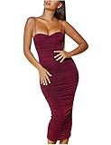 L'VOW Sexy Ruched Evening Dress for Women Spaghetti Strap Bodycon Backless Maxi Evening Fomral...
