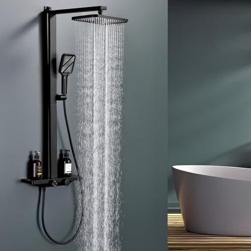 HOMELODY Système de douche avec thermostat et étagère en verre noir - Robinet de douche complet avec douche à effet pluie de 30 x 20 cm et douchette à 3...