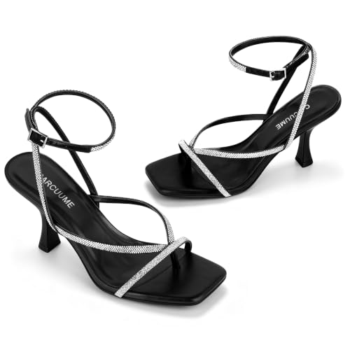 Image of Carcuume Womens Kitten Heels Square Toe Thong Strappy Ankle Strap Stiletto Heel Sandals