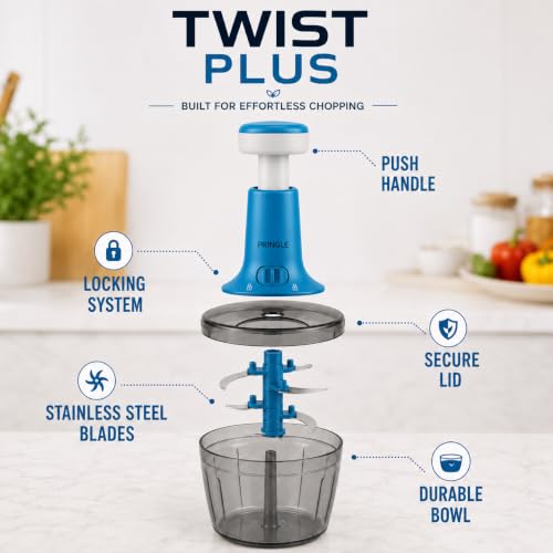Image of PRINGLE 1000ml Manual Push Chopper for Vegetables & Fruits | 6 Sharp Stainless Steel Blades | Hand Press Onion Cutter with Twist Lock | Egg Beater Whisk Included | Multipurpose Food Chopper | Blue