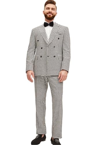 VENNYNG Men's Houndstooth Suits Two Piece Double Breasted Outfits Plaid Casual Wedding Tuxedo Jacket Pant