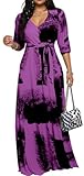 Maxikleider für Damen, lässig, 3/4-Ärmel, Wickelkleid, V-Ausschnitt, halbformell, elegant, langes Kirchenkleid mit Gürtel, Bedruckt 11, X-Groß