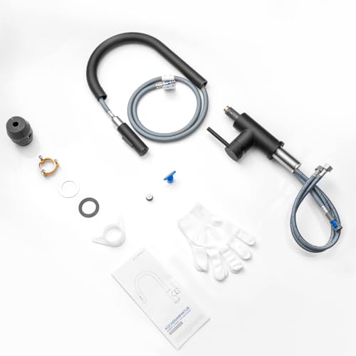 Lonheo Wasserhahn Küche Schwarz, Hochdruck Küchenarmatur Ausziehbar mit 2 Srahlarten, 360° Drehbar Mischbatterie Küche Edelstahl Spültischarmatur mit brause