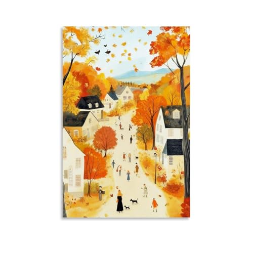 Acogedor lienzo de otoño para pared, póster de paisaje urbano otoñal rosa pastel, bonitas imágenes cálidas de otoño, decoración de pared, pintura rústica de paisaje otoñal para sala de estar y