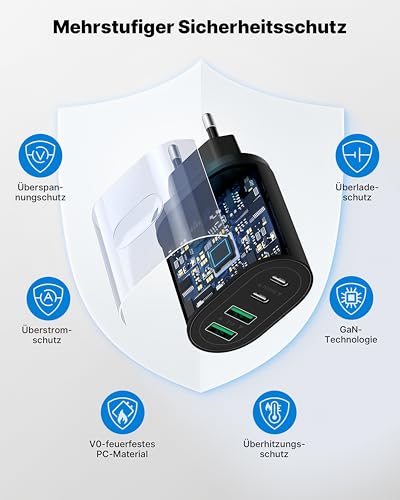 USB C Ladegerät, 4-Port 60W Schnellladegerät (2× USB-C + 2× USB-A), V0-Brandschutz Mehrfachstecker Netzteil USB für iPhone 16/15/14 Pro Max… – Ansicht 4