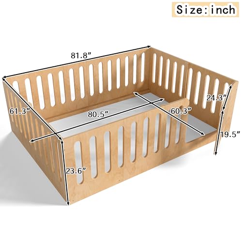 Image of Bellemave Queen Size Kids Montessori Floor Bed,Queen Size Floor Bed Frame with High Fence and Door,Solid Wood Montessori Bed for Girls Boys,Natural
