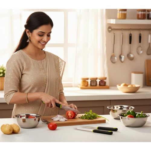 Image of Premium Soft Grip Stainless Steel Blade Knife Set with Peeler Combo Pack of 5 Multipurpose Kitchen Cutting Knives for Vegetables Fruits Utility Chopping and Slicing Tools