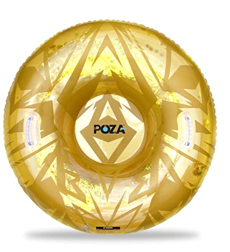 POZA-Aufblasbare-Schneeroehre-zum-Schlittenfahren--Grosser-luxurioeser-Schneeschlitten-mit-Griffen-und-goldfarbenen-Schneeflocken-Konfetti-Premium-Kaltbestaendiger-robuster-PVC-Schlauchschlitten-fuer-