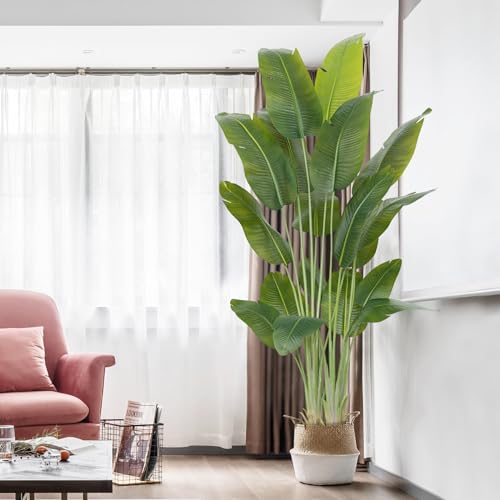 Image of Artificial Bird of Paradise Plant 7.5Ft Tall Fake Tropical Palm Tree Large Fake Plants with 18 Silk Banana Leaves Faux Plant Indoor Decor Trees White Pot for Home Bedroom Living Room Office