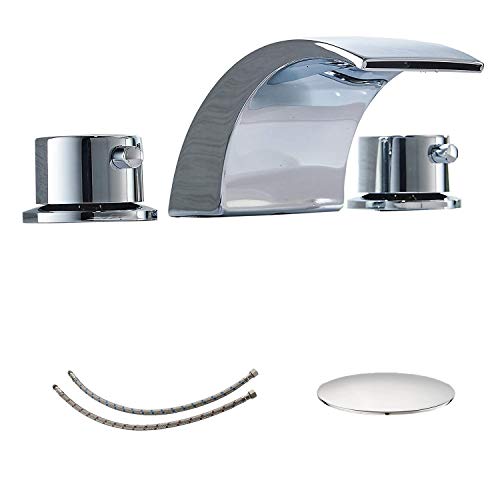 BWE 8 Inch Widespread Bathroom Faucet Modern with Pop Up Drain Assembly with Overflow and Supply Line Led Waterfall 2 Handles 3 Holes Bathroom Lavatory Sink Mixer Tap Chrome
