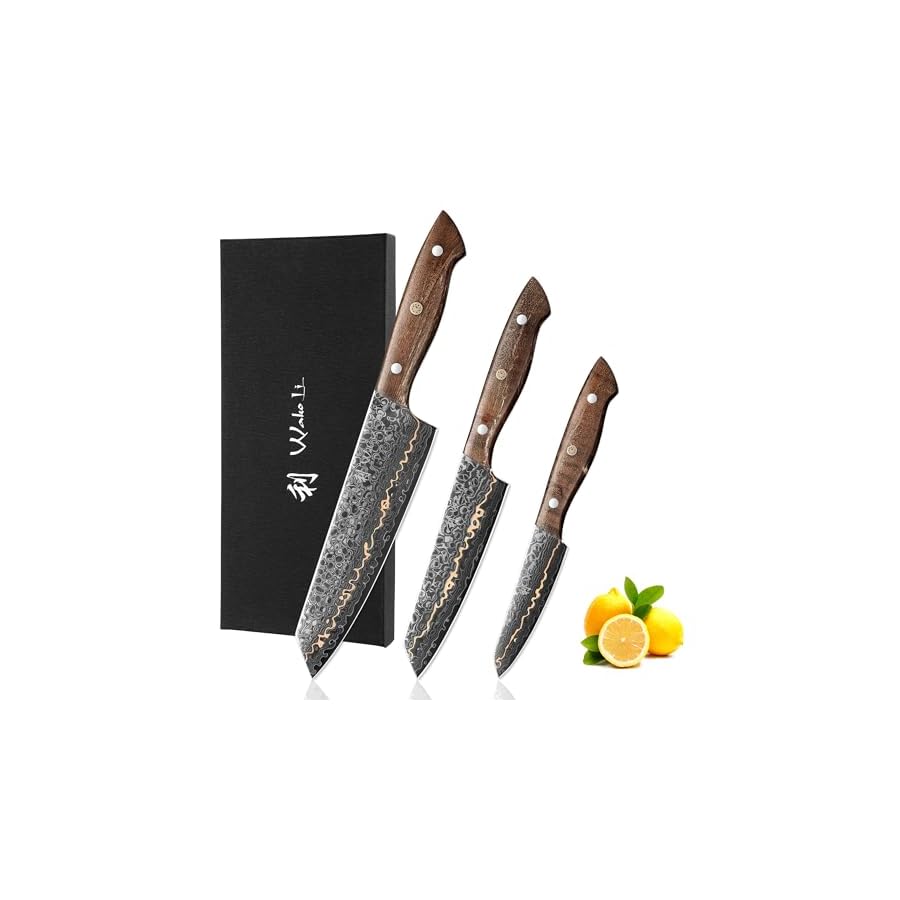 Wakoli Damascus Kitchen Knife Set, 3-Piece Professional Chef Knife Set made from 67 Layers of Damascus Steel with Copper Inlay, Knives Set for Kitchen with Maple Stabilized Wood Handle (Kawa Series)