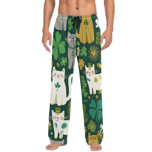 Cat Lucky Clover Pajama Pants for Men Comfort Sleep Lounge Bottoms Straight-fit with Pockets S-XXL