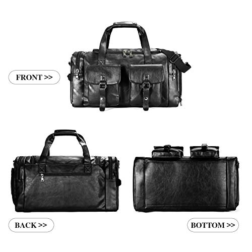 Zeroway Travel Duffel Bag with Shoe Pouch, PU leather Carry on Bag Weekender Overnight Bag for Men Women Black