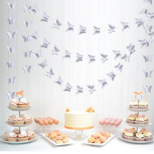 Image of BEISHIDA 5 Pieces White 3D Butterfly Paper Garland Hanging Decorative Banner for Home Ceiling Decor Birthday Party Baby Shower Wedding Theme Showcase Decoration Supplies Total 393 Inch Length