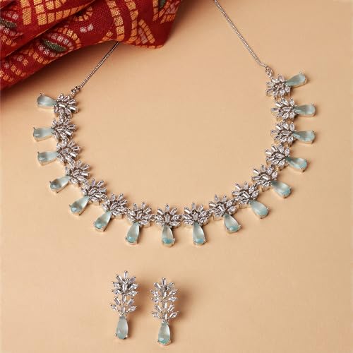 Image of ZENEME Rhodium-Plated American Diamond Necklace Set with Earrings for Girls Silver Toned Floral AD Jewellery Set For Womens