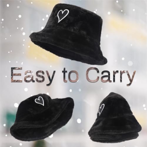 Image of Bucket Hat Women Furry Fuzzy Bucket Hats for Ladies, Winter Warm Fluffy Plush Faux Fur Hat for Women