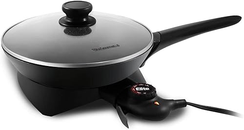 Elite Gourmet Sartén eléctrica redonda con tapa y mango Aluminio, plástico, vidrio, acero negro