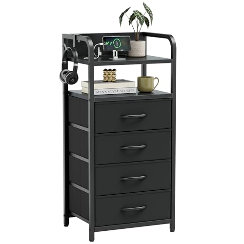 IKIFLY チェスト 棚付きタンス 収納チェスト LEDライト付き 引き出し 洋服収納 箪笥リビング収納 布製引き出し 寝室収納ケース USBポート 衣類収納 軽量 コンパクト 省スペース 薄型 スリム 転倒防止 組み立て簡単 2段階棚【幅132×奥行29×高さ88cm】ブラック