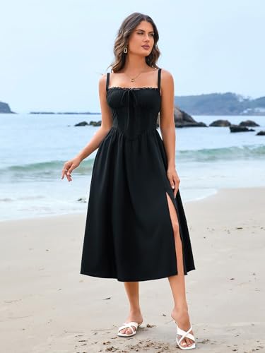 Image of EYNMIN Women's Summer Casual Midi Dress Smocked Sleeveless Flowy Slit A Line Beach Sundresses