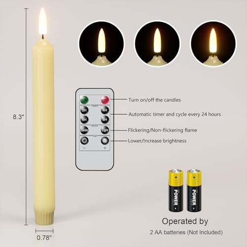 Image of GenSwin Flameless Taper Candles with Remote, LED Taper Candles Battery Operated with Timer, 6 Pack Battery Candlesticks with 3D Flame for Home Decor(Ivory, 0.78 inchx8.3 inch)