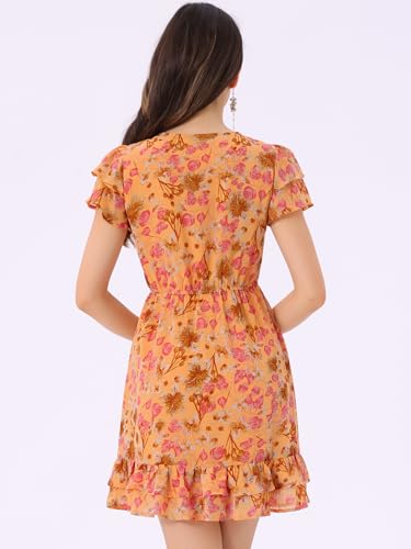 Image of Allegra K Women's Ruffle Sleeve Self-Tie V Neck Flowy Ruffled A-Line Floral Chiffon Dress