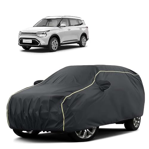 Image of Sulfar 100% Water Resistant Car Body Cover Compatible with Mirror for Kia Carens (Triple Stitched, Full Bottom Elastic, Dark Grey Tafetta with Yellow Piping)