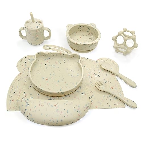 Image of SILI FACTORY Silicone Baby Feeding Set -Suction Bowl Toddler Plates Bib Sippy Cup Spoons Forks Placemats Teether -Toddler Self Feeding Dish Set for 6+Months - Baby Led Weaning Supplies - Parti-Colour