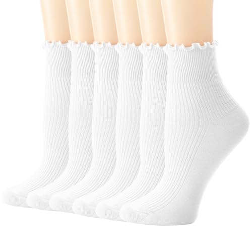 Ginmewrae Ankle Ruffle Socks Women, 6 Pairs Cute Frilly Socks Lettuce Edge Comfort Breathable