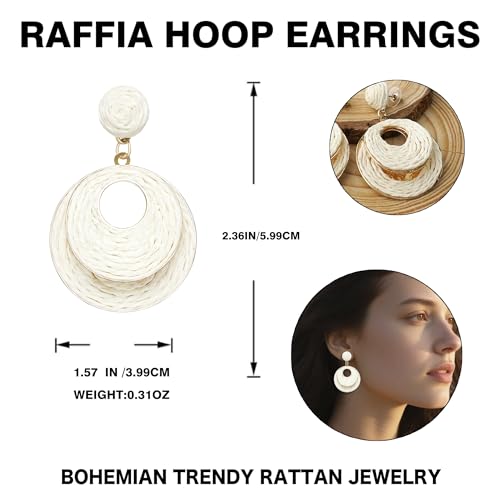Image of Raffia Hoop Earrings for Women - Boho Straw Wiker Dangle Drop Earrings for Summer Beach, Bohemian Trendy Rattan Jewelry