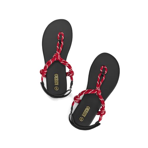 Rihero Rope Thong Sandals for Women Ankle Strap Slip On Comfortable Beach Flat Sandals3