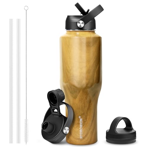 Image of HYDROWION 40 oz Insulated Water Bottle with Straw fit in Car Cup Holder(Cold 48 hrs, Hot 24 hrs) Drinking Bottle with Straw Lid, Spout Lid and Flex Cap Leakproof Travel Thermo Mug,Wood