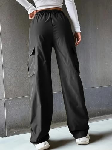Image of Leriya Fashion Women Poly Lycra High Waist Cargo Pants | Elastic Waist Wide Leg Baggy Trousers for Women | Multi Pocket Casual Streetwear Parachute Style Pants for Girls, Travel, Gym