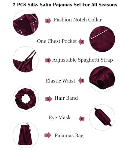 SWOMOG Womens Silk Satin Pajamas Sets 7pcs Sleepwear Sexy Cami Shorts Set and Button Down Short Sleeve Satin Pjs3