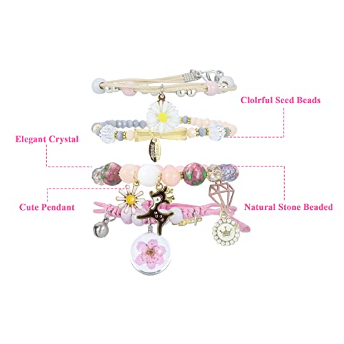 Image of 4 Pcs Beaded Cute Bracelets for Teen Girls Women, Dainty Cute Cartoon Crystal Beads Pearl Stretch Charm Handmade Adjustable Anklets Bracelet Set Birthday Gift for Friends