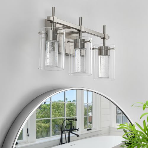 Image of 3-Light Brushed Nickel Vanity Light with 3 Color Modes (3000K /4000K /6000K), Eye Protection LED Bathroom Light Fixture, Dimmable Modern Wall Light Over Mirror with Clear Glass Shade