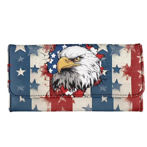 Image of AFPANQZ American Flag Eagle Print Womens Wallets Leather Trifold Multi Card Holder Slots Wallet, Elegant Clutch Phone Holder Trifold Purses Zip Coins Pocket, Buckle Closure Clutch
