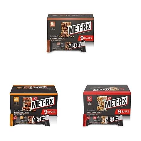 MET-Rx Big 100 Colossal Protein Bar Variety Pack - 9 Peanut Butter Pretzel + 9 Fruity Cereal + 9 Vanilla Caramel Churro: Healthy Meal Replacement, 30G+ of Protein with Vitamin A, Vitamin C and Zinc Cover