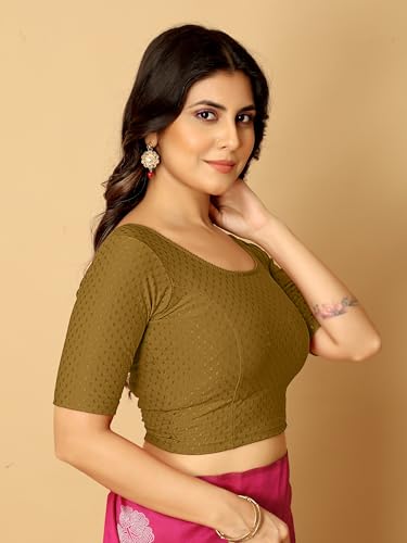 Image of Amazon Brand - Anarva Round Neck Dobby Cotton Lycra Stretchable Elbow Half Sleeve Readymade Saree Blouse for Women Stylish