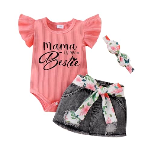 Image of CETEPY Baby Girl Clothes Newborn Romper Ruffle Sleeve Short Jeans Skirt with Headband Infant Outfits Set 0-18 Months