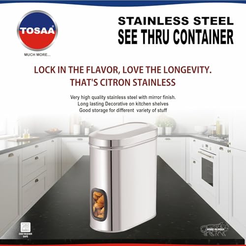 Image of Tosaa Stainless Steel Cover Window Clear Jars for Kitchen Storage Food Spices Canister with Airtight Lid Container Organizer, Tea Coffee & Sugar (2750 Ml)