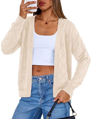 Halife Women's Cardigan Sweaters Long Sleeve Open Front Diamond Pattern Knit Sweater Cardigans Outerwear Coats