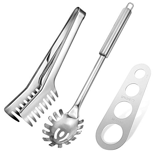 MANYEE 3 Pieces Spaghetti Server Set Stainless Steel Spaghetti Tong Pasta Spoon Measure Tool Kitchen Utensil Set for Noodles Pasta
