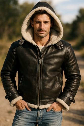 Men's B3 Winter Shearling Bomber Jacket - Aviator Pilot Sheepskin Black Leather Jacket Removable Hoodie2