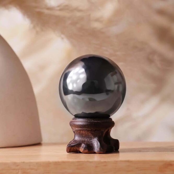 Image of Terahertz Crystal Ball 100-150 gm with Wooden Stand | Healing Crystal Sphere for Meditation, Reiki, Energy Healing | Feng Shui Vastu Home Decor Idol Figurine Gift Item