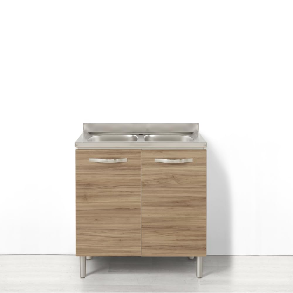 REDÒKASA Sotto lavello per cucina componibile da 80 cm con 2 ante linea MAKA, realizzata in legno 100% MADE IN ITALY (Con lavello 2 vasche, Noce)